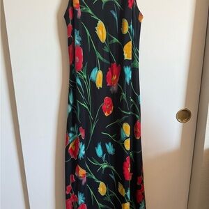 Elegant Floral Maxi Dress - Black with Red, Yellow, and Blue Accents